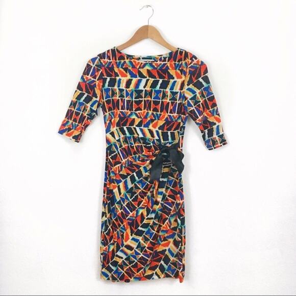 Shelby + Palmer Faux Wrap Boho Ikat Print Sheath Dress 4 Petite - Picture 3 of 12